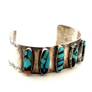 CJM Navajo Turquoise and Onyx Sterling Silver Bracelet Cuff 38.9g